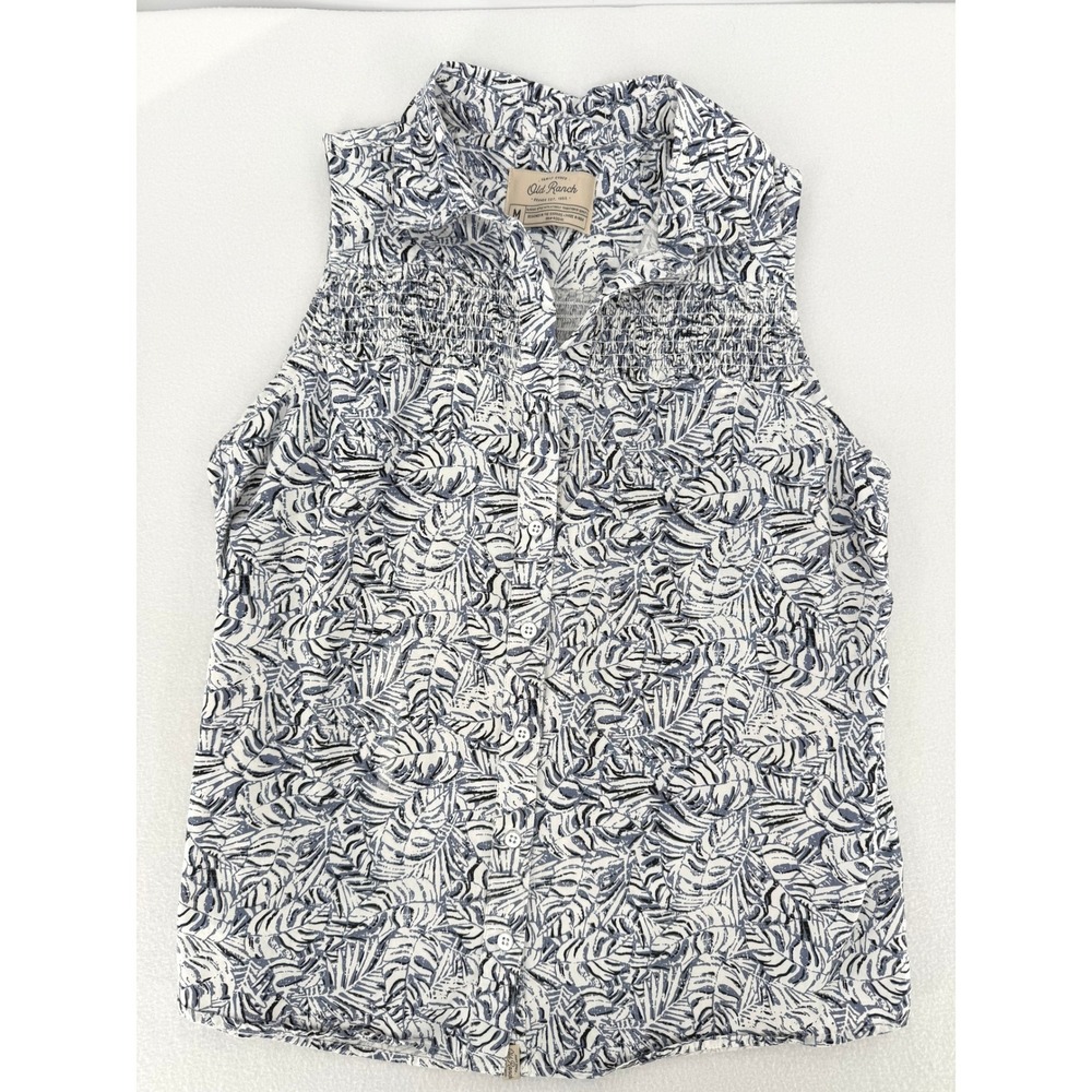 Old Ranch Sleeveless Button Down‎ Women Size M Navy White Palm Leaf Top - Picture 2 of 7